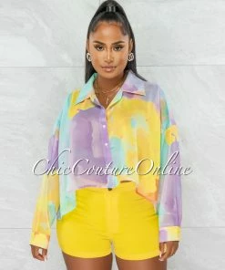 Chic Couture Online JUST IN Leonie Pastel Tones Print Wide Sleeves Crop Blouse