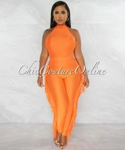 Chic Couture Online Gracie Orange Crop Top & Tassels Leggings Shimmery Set JUST IN