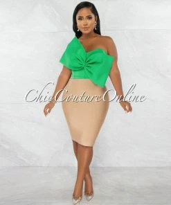 Chic Couture Online Fineas Kelly Green Dramatic Bow Accent Ponti Crop Top
