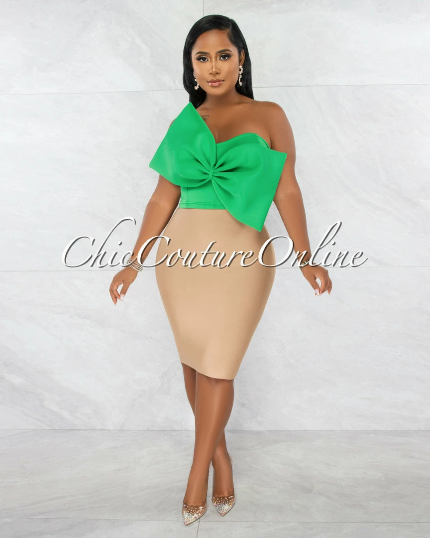 Chic Couture Online Fineas Kelly Green Dramatic Bow Accent Ponti Crop Top