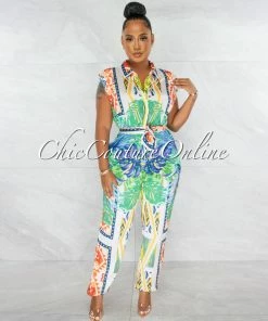 Chic Couture Online Dagan Ivory Multi-Color Print Padded Shoulders Silky Jumpsuit JUST IN
