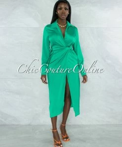 Vendor-unknown Diane Emerald Green Wrap Satin Midi Dress JUST IN