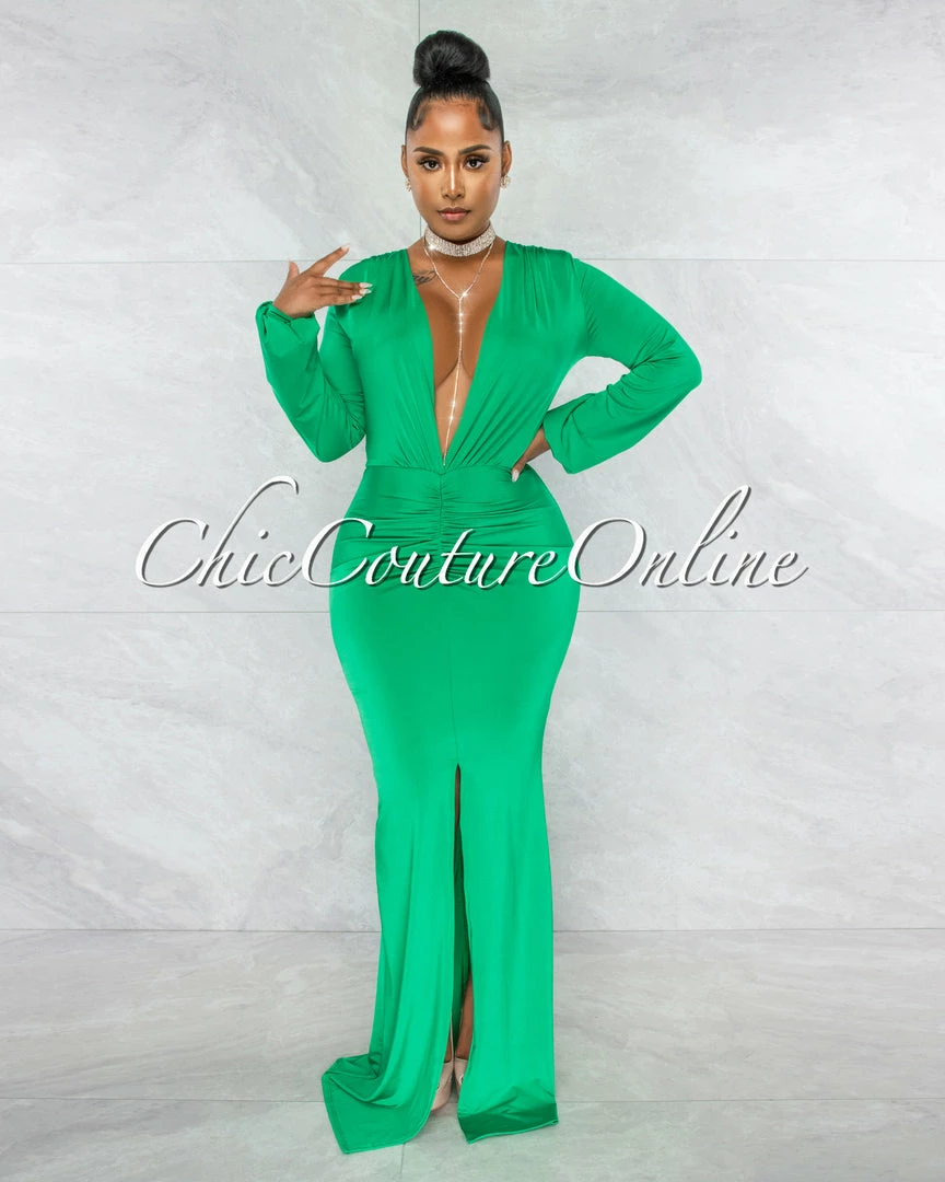 Chic Couture Online JUST IN Solada Green V-Neck Long Sleeves Front Draped Maxi Dress