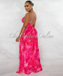 Chic Couture Online JUST IN Hector Fuchsia V-Neck Leaf Print Low Back Maxi Dress