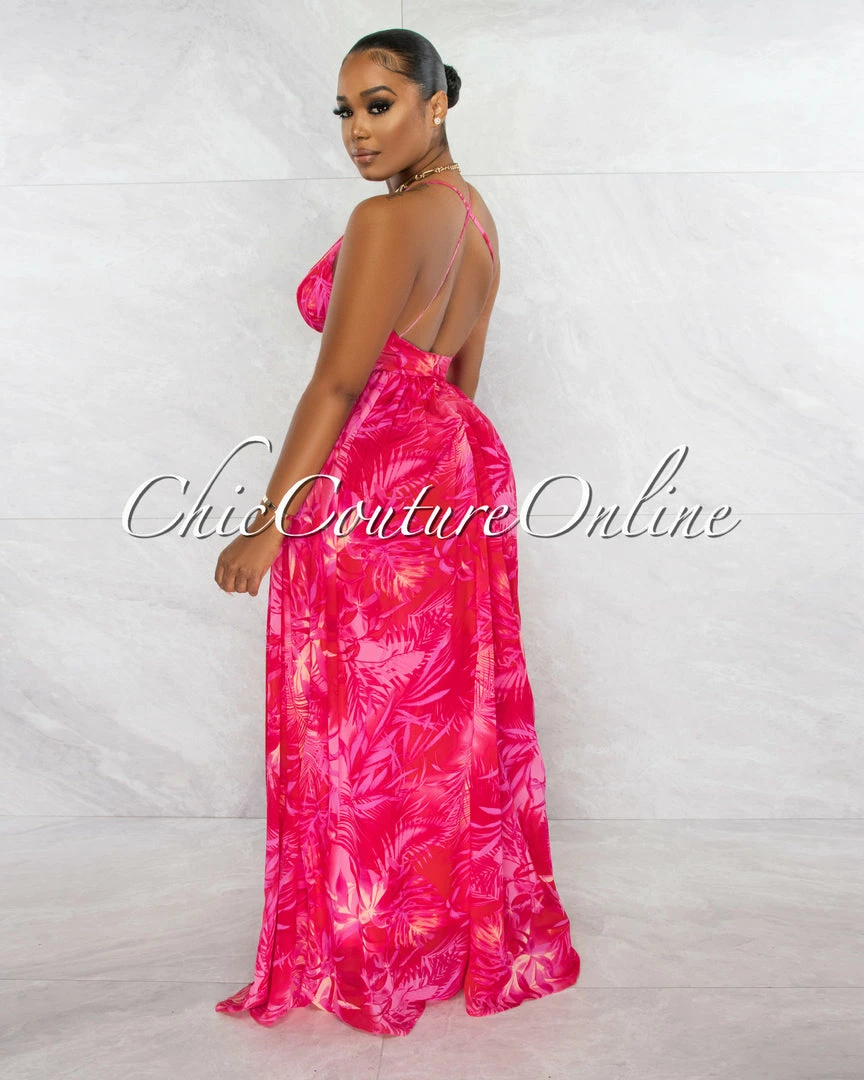 Chic Couture Online JUST IN Hector Fuchsia V-Neck Leaf Print Low Back Maxi Dress