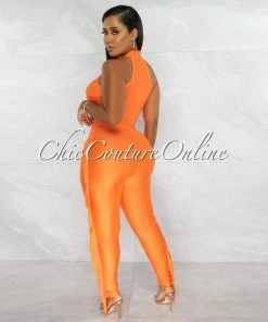 Chic Couture Online Gracie Orange Crop Top & Tassels Leggings Shimmery Set JUST IN