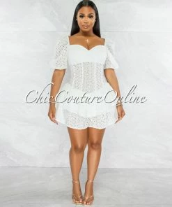 Vendor-unknown Khayla Off-White Eyelet Ruffle Skater Romper