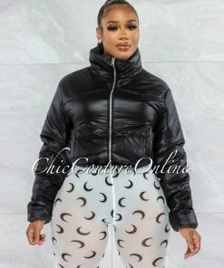 Vendor-unknown JUST IN Vickie Black Faux Leather Puffy Jacket