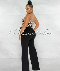 Chic Couture Online JUST IN Aubrey Nude Black Leopard Print Silky Top Two-Tone Jumpsuit