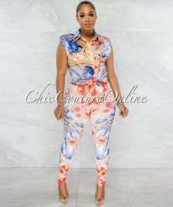 Chic Couture Online Ariadne White Red Blue Multi-Color Print Blouse & Leggings Set