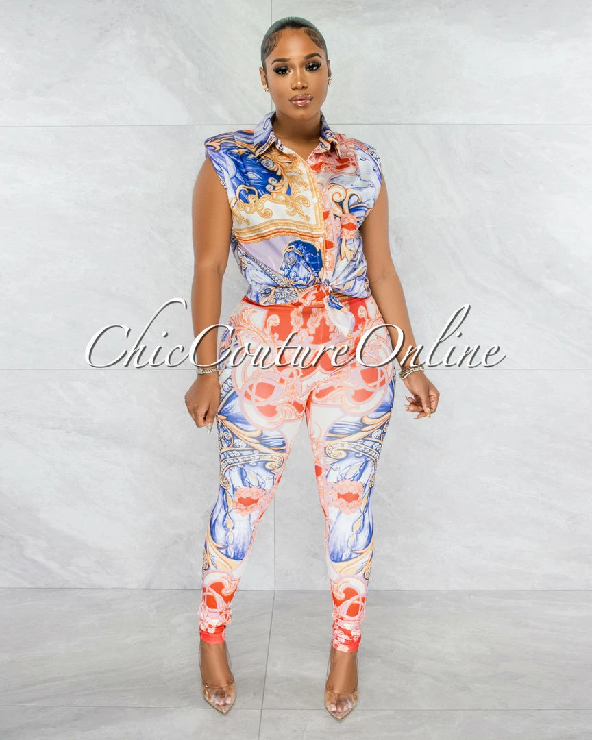 Chic Couture Online Ariadne White Red Blue Multi-Color Print Blouse & Leggings Set