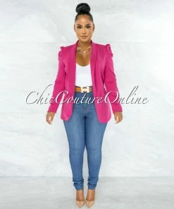 Chic Couture Online JUST IN Dorcas Fuchsia Bubble Sleeves Boyfriend Long Blazer