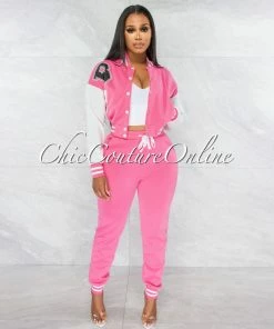 Vendor-unknown Avner Bubblegum Pink White Varsity Jacket & Joggers Set