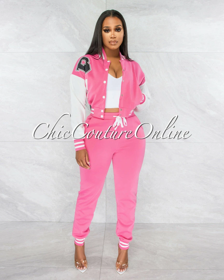 Vendor-unknown Avner Bubblegum Pink White Varsity Jacket & Joggers Set