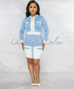 Chic Couture Online JUST IN Tellus Baby Blue White Trim Gold Buttons Two Piece Set