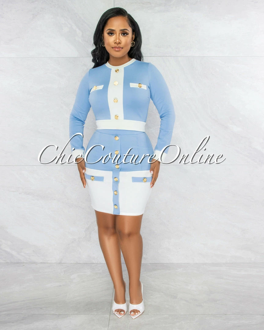 Chic Couture Online JUST IN Tellus Baby Blue White Trim Gold Buttons Two Piece Set