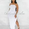 Vendor-unknown JUST IN Camilo Off-White Mesh Ruched Sheer Maxi Dress
