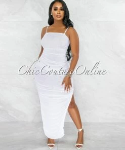 Vendor-unknown JUST IN Camilo Off-White Mesh Ruched Sheer Maxi Dress