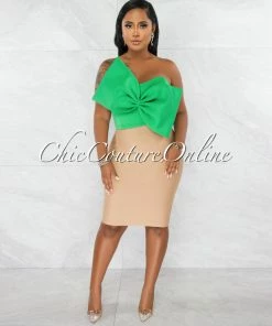 Chic Couture Online Fineas Kelly Green Dramatic Bow Accent Ponti Crop Top