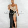 Chic Couture Online Briella Nude Rhinestones Mesh Sheer Dress & Black Silky Overlay