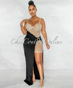 Chic Couture Online Briella Nude Rhinestones Mesh Sheer Dress & Black Silky Overlay