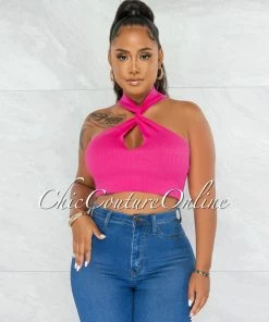 Chic Couture Online JUST IN Jones Fuschia Torn Bust Key-Hole Ribbed Crop Top