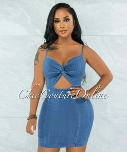 Vendor-unknown Sigrid Medium Denim Knot Top Cut-Out Mini Dress
