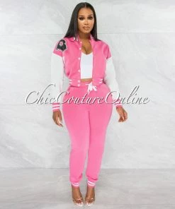 Vendor-unknown Avner Bubblegum Pink White Varsity Jacket & Joggers Set