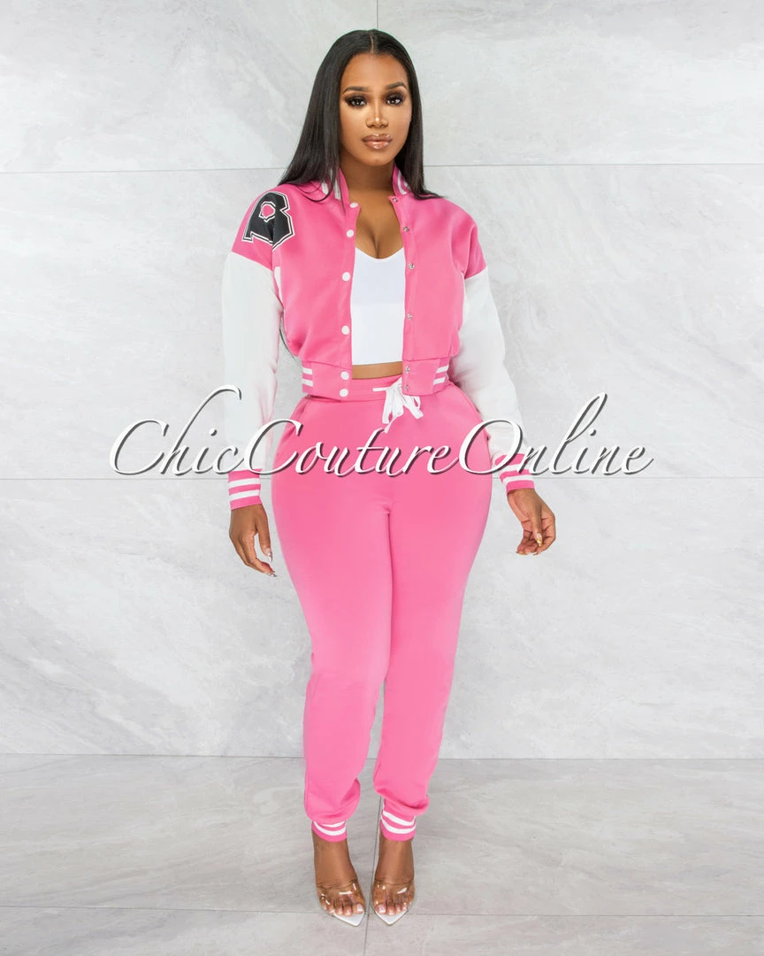 Vendor-unknown Avner Bubblegum Pink White Varsity Jacket & Joggers Set