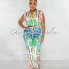 Chic Couture Online Dagan Ivory Multi-Color Print Padded Shoulders Silky Jumpsuit JUST IN