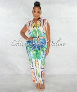 Chic Couture Online Dagan Ivory Multi-Color Print Padded Shoulders Silky Jumpsuit JUST IN
