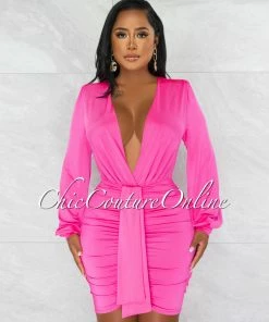 Chic Couture Online JUST IN Umaya Hot Pink Draped Bodysuit & Ruched Skirt Set