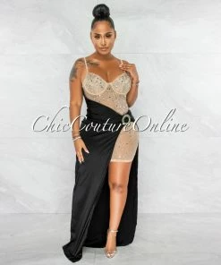 Chic Couture Online Briella Nude Rhinestones Mesh Sheer Dress & Black Silky Overlay