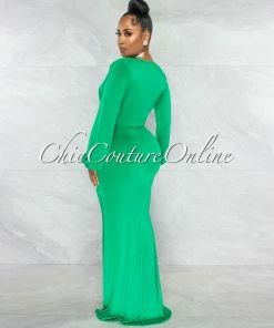 Chic Couture Online JUST IN Solada Green V-Neck Long Sleeves Front Draped Maxi Dress
