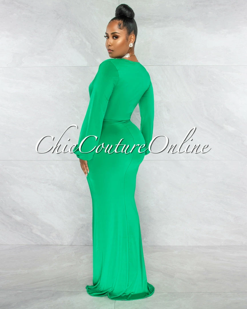 Chic Couture Online JUST IN Solada Green V-Neck Long Sleeves Front Draped Maxi Dress