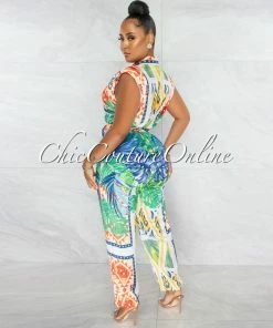 Chic Couture Online Dagan Ivory Multi-Color Print Padded Shoulders Silky Jumpsuit JUST IN