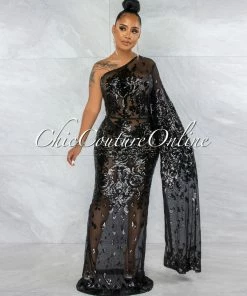 Vendor-unknown JUST IN Guida Black Sequins Sheer Single Long Sleeve Dress