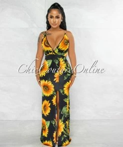 Vendor-unknown Fordana Black Sunflower Print Side Slit Maxi Dress JUST IN