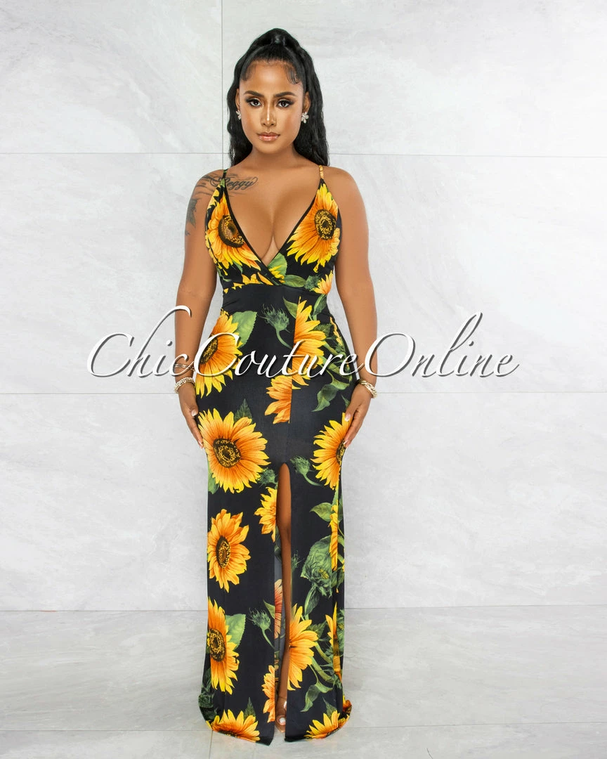Vendor-unknown Fordana Black Sunflower Print Side Slit Maxi Dress JUST IN