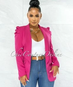 Chic Couture Online JUST IN Dorcas Fuchsia Bubble Sleeves Boyfriend Long Blazer