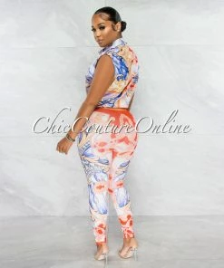 Chic Couture Online Ariadne White Red Blue Multi-Color Print Blouse & Leggings Set