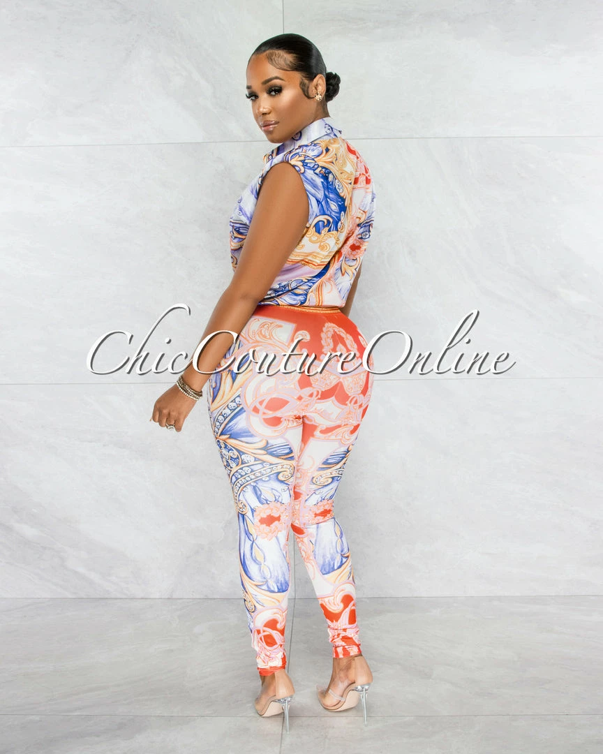 Chic Couture Online Ariadne White Red Blue Multi-Color Print Blouse & Leggings Set