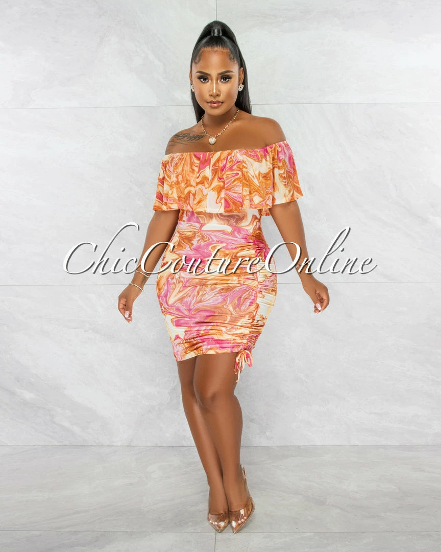 Chic Couture Online Kensie Orange Pink Print Off-The Shoulder Ruched Dress