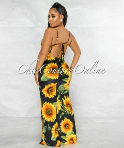 Vendor-unknown Fordana Black Sunflower Print Side Slit Maxi Dress JUST IN