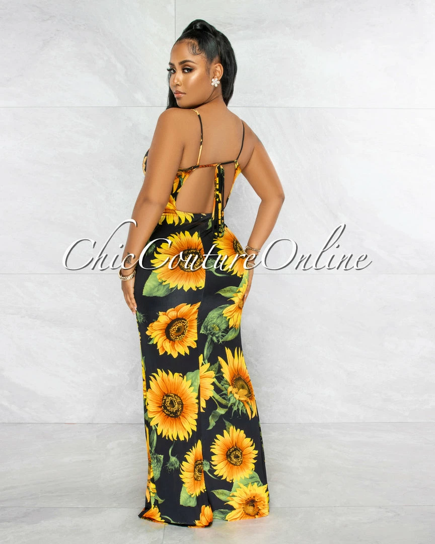 Vendor-unknown Fordana Black Sunflower Print Side Slit Maxi Dress JUST IN