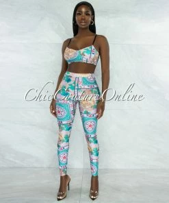 Vendor-unknown Bethea Pink Green Crop Top & Leggings Set