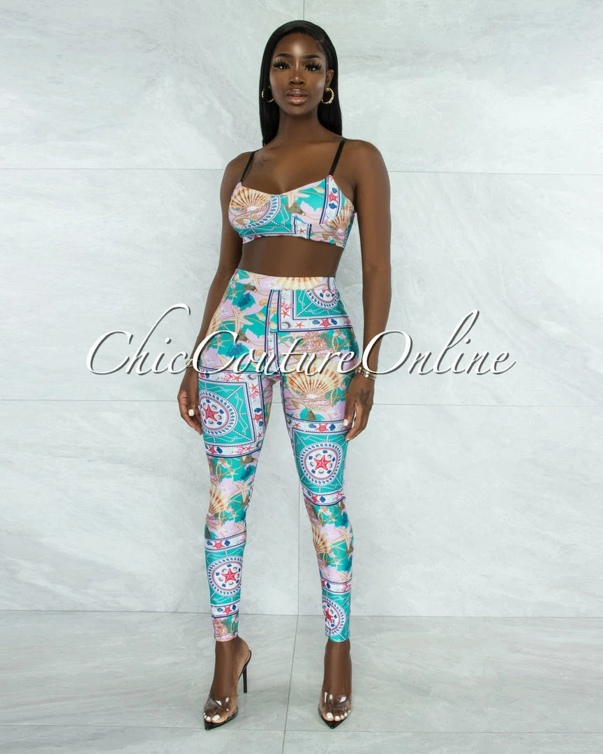 Vendor-unknown Bethea Pink Green Crop Top & Leggings Set