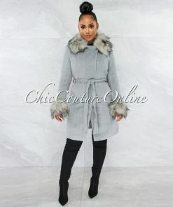 Vendor-unknown Holland Heather Grey Nude Faux Fur Belted Coat CLOTHING