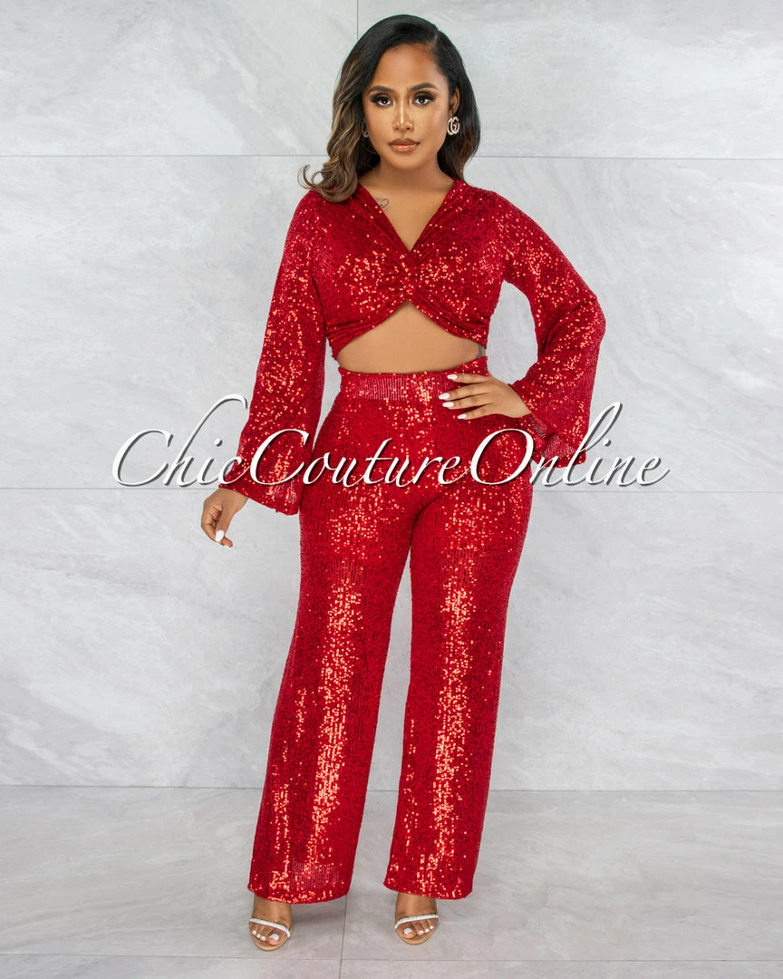 Vendor-unknown Cuenta Red Sequins Wide Legs Pants