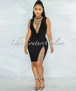 Vendor-unknown Rivir Black Rhinestones Net Details Bandage Dress JUST IN